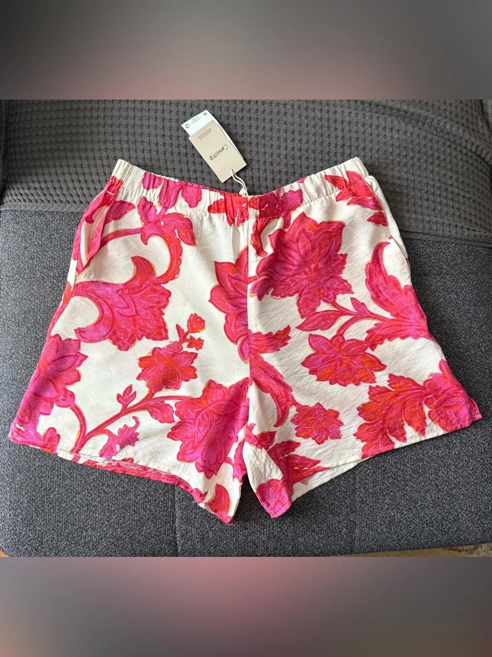 Cream Shorts with Pink Floral Print
